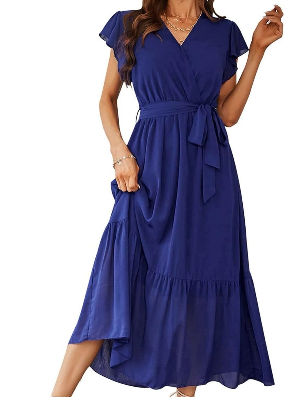Prettygarden Women’s Size L Blue Maxi Dress with flutter sleeves BOHO